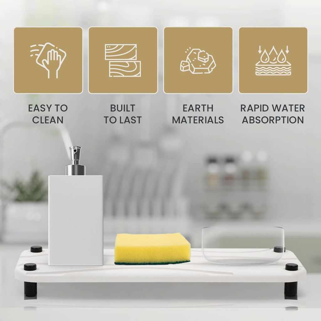Stone Drying Tray Set - Diatomite Kitchen Sink Organizer | Water-Absorbing Bathroom Mat (White)