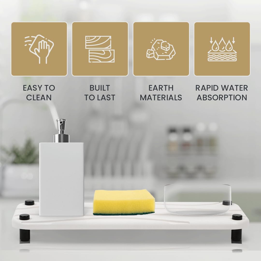 Stone Drying Tray Set - Diatomite Kitchen Sink Organizer | Water-Absorbing Bathroom Mat (White)