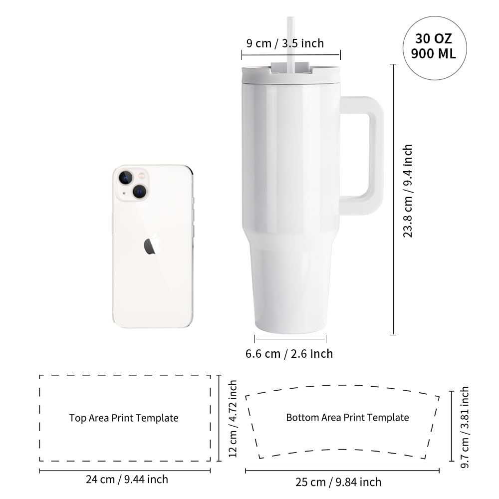 PYD Life 4 Pack Sublimation Tumblers 30 OZ with Removable Handle White Blanks Stainless Steel Cups Mugs with Lid and Plastic Straw for Tumbler Heat Press Sublimation Oven Printing