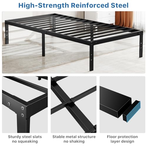 OLIXIS Metal Twin Bed Frame - 14in High with Storage Space, No Box Spring Needed with Sturdy Steel Slat Support, 800LBS Heavy Duty for Easy Assembly, Black for Bedroom