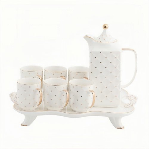 ASGDPGO 8-Piece Gold Dot Ceramic Royal Set for Home Use Wedding Gift with 6 Mugs Teapot and Tray for Afternoon Tea or Coffee，Gold Dot White