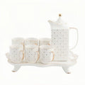 ASGDPGO 8-Piece Gold Dot Ceramic Royal Set for Home Use Wedding Gift with 6 Mugs Teapot and Tray for Afternoon Tea or Coffee，Gold Dot White