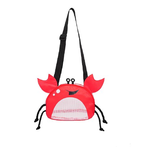Linsiter Mesh Beach Toy Bag, Crab-Shaped Shell Collecting Bag with Adjustable Shoulder Strap, Cute Sand Toy Storage for Kids, Red