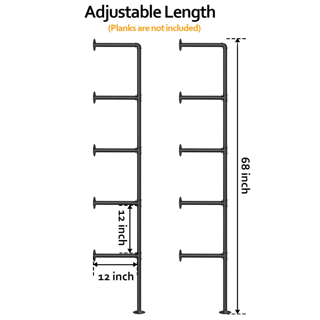 Industrial Iron Pipe Shelf Wall Mount, Farmhouse DIY Open Bookshelf, Pipe Shelves for Kitchen Bathroom, bookcases Living Room Storage, 2Pack of 5 Tier
