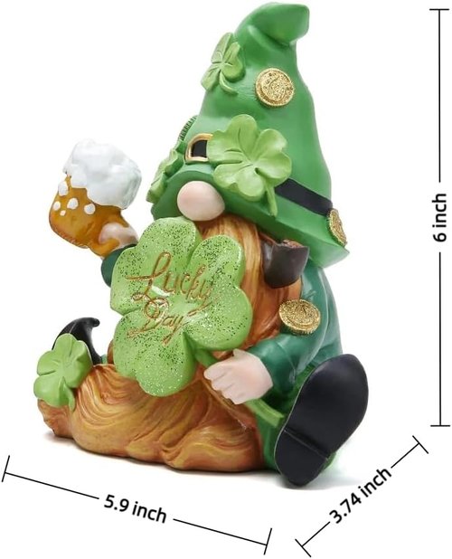 Hodao Green St. Patrick's Day Gnome Figurine - 6" Handmade Resin Elf for Spring Decor
