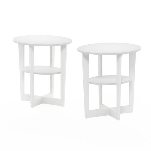 Furinno Jaya Side Table Set of 2, 2-Tier Round End Table with Oval Tabletop, Night Stand, Bedside Table with Open Shelf, for Living Room, Bedroom, White