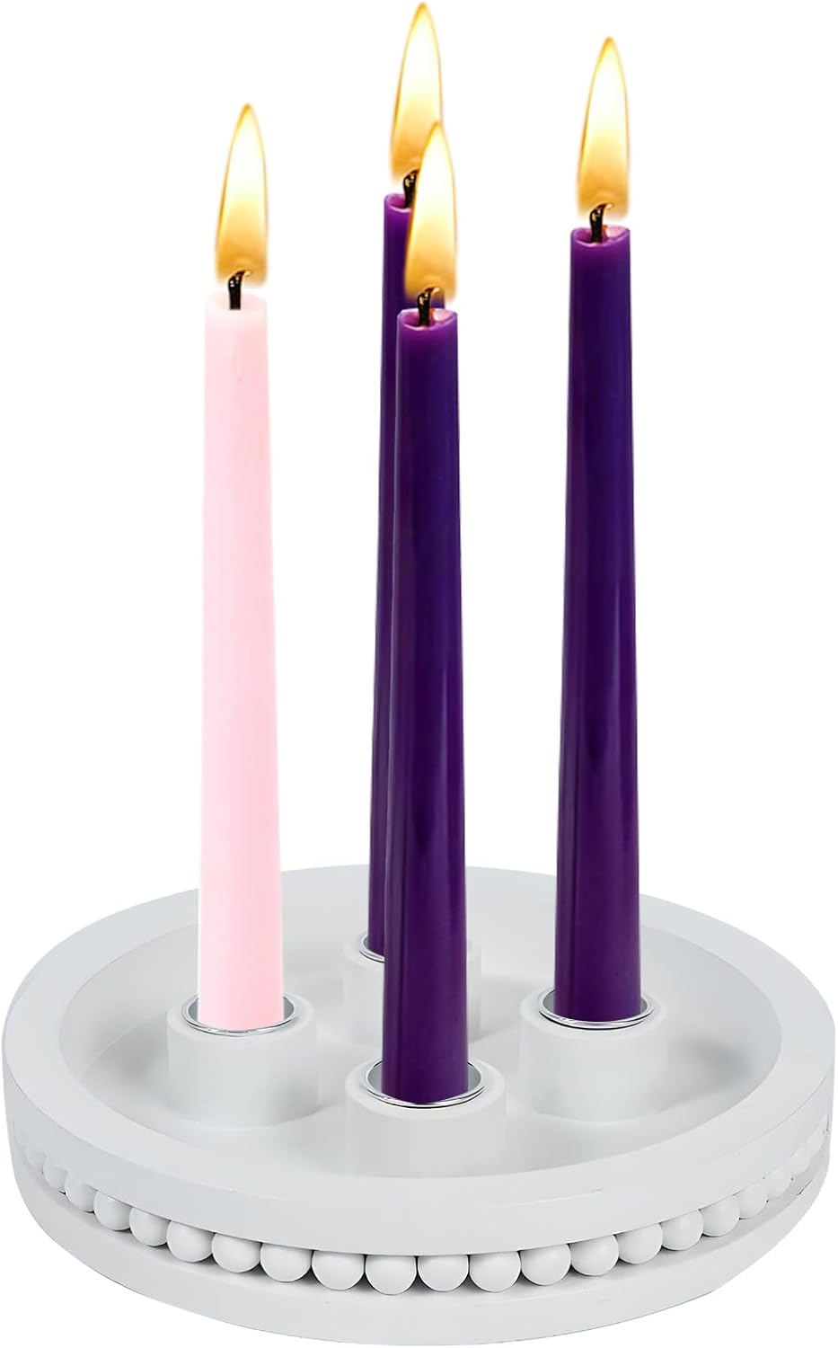 Skiennix 7-Inch Wooden Candle Holder - Elegant Advent Wreath with Bead Design for Christmas Decor | White
