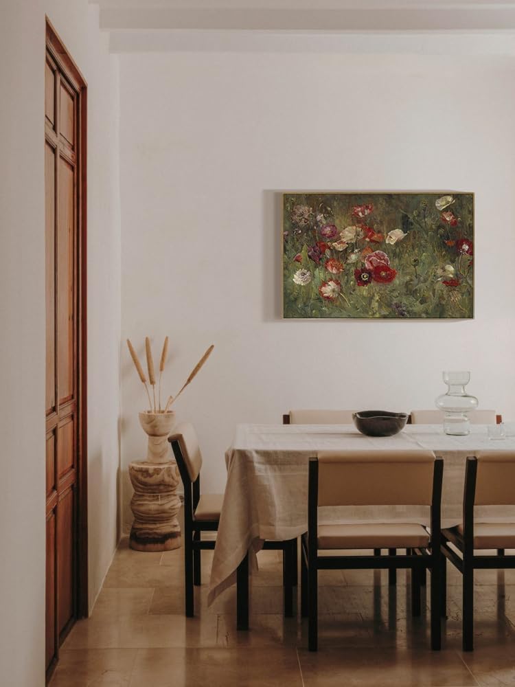 RaphelArt Large Framed Canvas Wall Art - Vintage Flower Poppies for Home Decor | 24''x36'' Dark Moody Floral Painting
