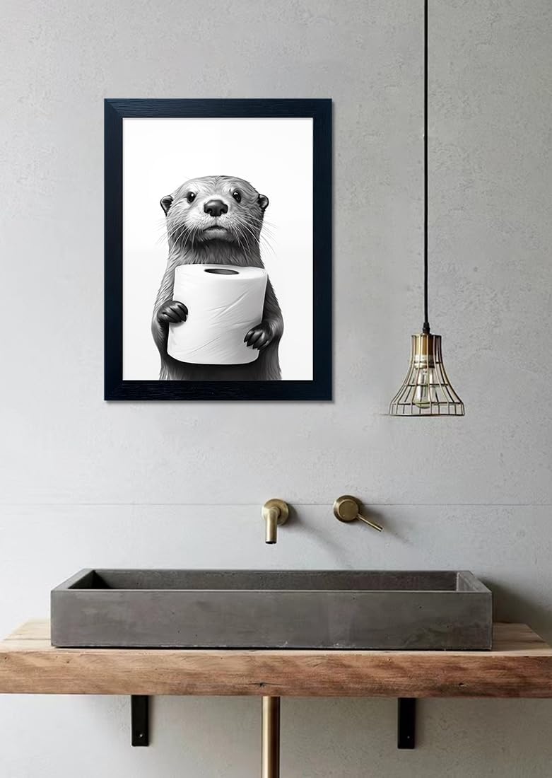Raccoon Art | Funny Black and White Bathroom Wall Decor | Framed Animal Painting