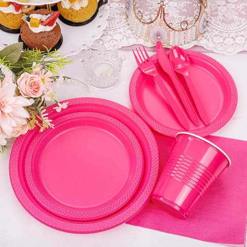 WELLIFE 210Pcs Hot Pink Plates, Disposable Dinnerware Set, Including Hot Pink Plastic plates, 12oz Cups, Plastic Cutlery and Napkins Serve 30 Guests, Plastic Plates for Party and Valentine,Galentines