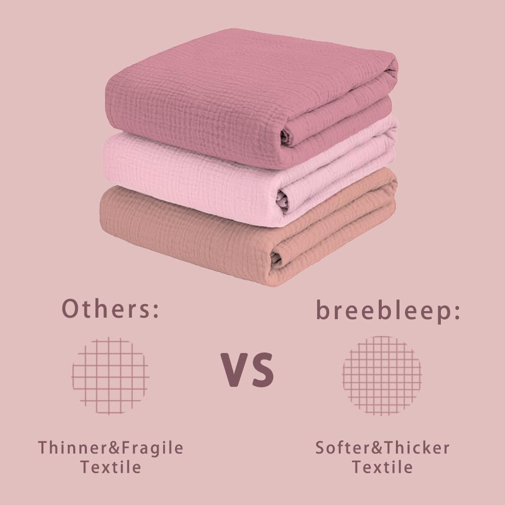 breebleep Muslin Swaddle Blankets for Baby Girl - 3 Pack 47x47 Inch Large Receiving Blankets, Soft Breathable Cotton Nursery Swaddles for Newborn, Infant & Todler, Pink