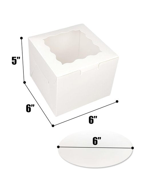 Bakepacker 36pcs 6x6x5 Inches with Window 18-Packs White 6 Inch Bakery Boxes (18 Cake Boxes +18 Cake Boards + 10 Meters Silk Ribbon Includes Included)