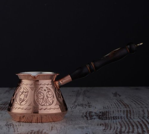 DEMMEX Thickest Copper Turkish Greek Arabic Coffee Pot, Stovetop Coffee Maker, Cezve Ibrik Briki with Wooden Handle & Spoon, Hand Engraved