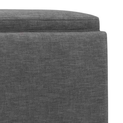 SIMPLIHOME Natasha 18 inch Wide Mid Century Square Mid Century Storage Ottoman with Tray in Slate Grey Polyester Linen, Assembled, For the Living Room, Entryway and Family Room