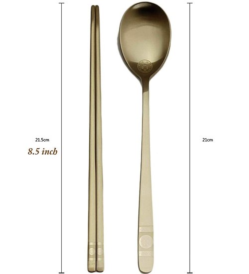 BALWOO [5 Sets] [Made in Korea] Korean Sticky Rice Spoon Chopsticks Set Gold Titanium Plating 304 Stainless Steel Tableware Cutlery Set Mukbang Chopsticks (Korean Apricot Blossom TITANIUM, 5 Sets)