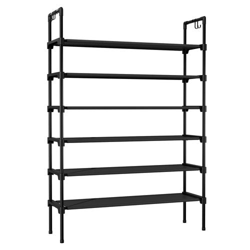 LANTEFUL 6 Tier Shoe Rack for Closet Shoe Organizer with 5 Hooks, Long Shoe Shelf Storage for Shoe and Boot Stackable Free Standing Shoe Rack for Entryway, Garage, Small Spaces, Dorm, Black