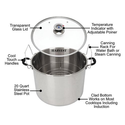 Harvest Stainless Steel 20 Qt Canning Pot with Rack | Water Bath or Steam Canning | Works on All Stovetops Including Induction, Glass, Gas (Stainless Steel Canner + Tools) (Stainless Steel Canner)