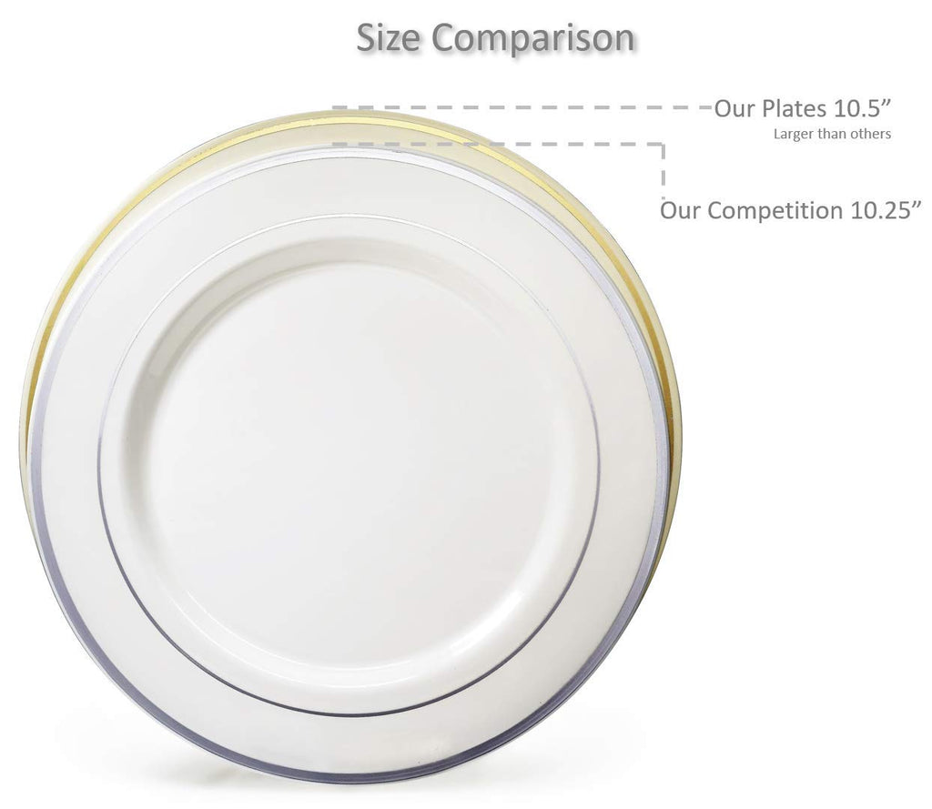 OCCASIONS 50pc Disposable Plastic Plates for 25 Guests - Heavy Duty Hard Fancy Plates Set, China-Like Look - 10.5" Dinner & 7.5" Salad/Dessert for Wedding Party, BPA Free (White & Silver Rim)