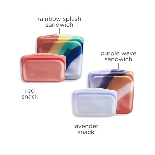 Stasher Silicone Reusable Storage Bags, 4-Pack, Reusable Freezer Bags, Microwave, Dishwasher, Oven Safe, Sous Vide, Premium Lunch Containers, Eco Friendly, Food Storage Bags, Snack Bags, Multicolor