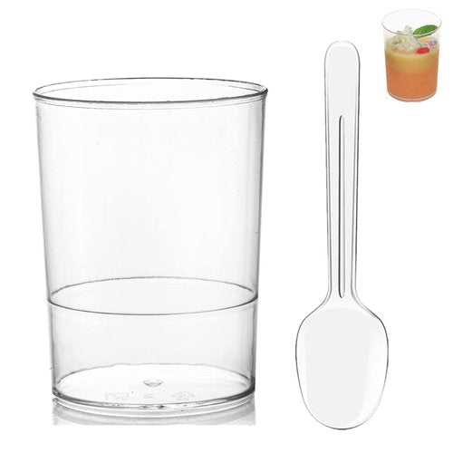 CEZOOWYEX 100 Pack Mini Dessert Cups, 3oz Clear Shooter Cups with Spoons, Plastic Mousse Cups for Party, Ice Cream, Puddings, Chocolate, Round Appetizer Parfait Tasting Cups