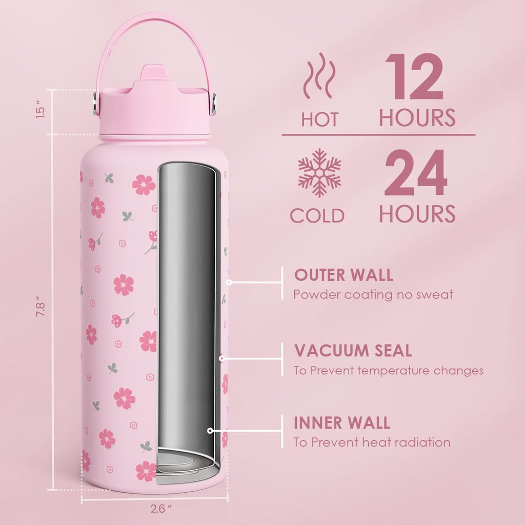 Skiennix Floral Water Bottle - 32oz Stainless Steel Insulated Bottle for Women & Girls | Perfect Gift Idea