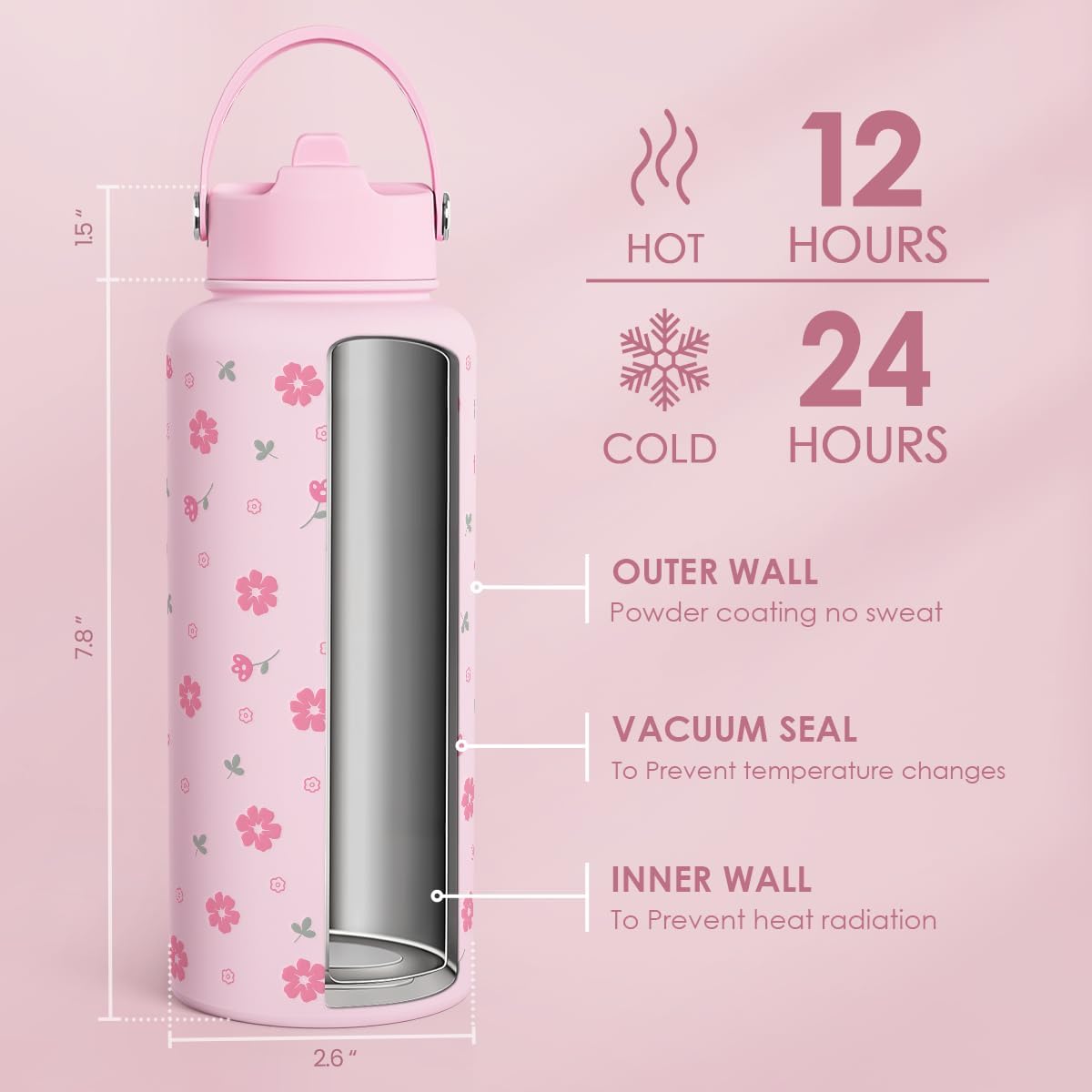 Skiennix Floral Water Bottle - 32oz Stainless Steel Insulated Bottle for Women & Girls | Perfect Gift Idea