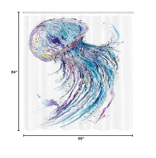 Ambesonne Jellyfish Shower Curtain, Aqua Colors Art Ocean Animal Print Sketch Style Creative Sea Marine Theme, Cloth Fabric Bathroom Decor Set with Hooks, 69" W x 84" L, Blue White