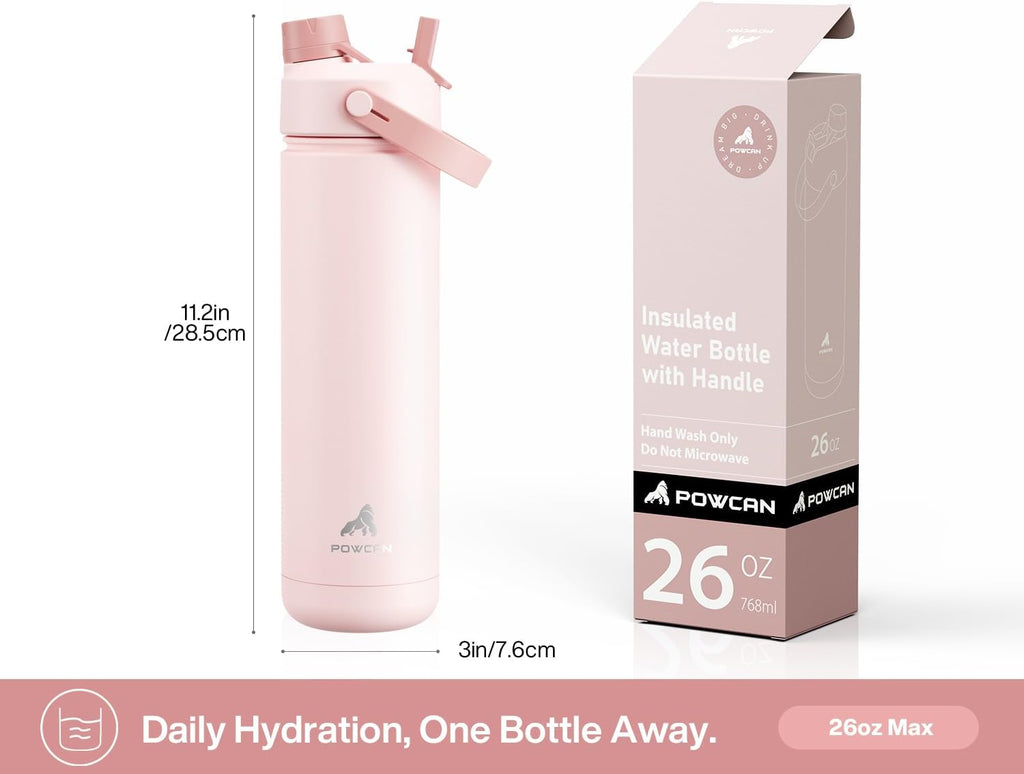 POWCAN 26 oz Insulated Water Bottle - 2-in-1 Straw & Spout Lid, Leak-Proof, Fits Car Cup Holder | Rosy Bouquet