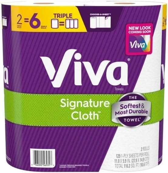 Viva Signature Cloth Paper Towels - Ultra-Absorbent, 129 Sheets per Roll | 2 Triple Rolls