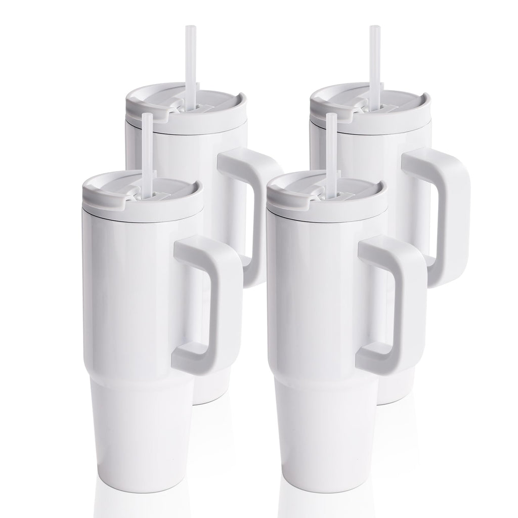 PYD Life 4 Pack Sublimation Tumblers 30 OZ with Removable Handle White Blanks Stainless Steel Cups Mugs with Lid and Plastic Straw for Tumbler Heat Press Sublimation Oven Printing