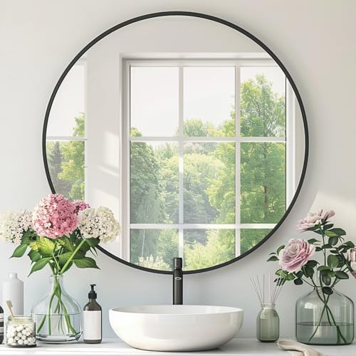 Mfring Round Black Mirror, 30 Inch Circle Black Mirror, Metal Frame Round Wall Mounted Mirrors for Bathroom, Living Room, Bedroom, Entryway, Vanity