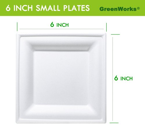 GreenWorks 100 Count 6 Inch Small Square Compostable plates, Heavy Duty Bagasse and Bamboo Fiber Plates