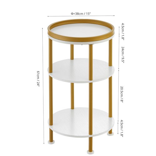 Small Round Side Table, Gold Round End Table with White Shelves, 3-Tier Modern Nightstand for Bedroom & Living Room, 21.7" H Narrow Gold Accent Table for Small Spaces, Dorm, Nursery (White & Gold)