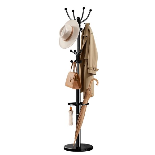 Pipishell Metal Coat Rack with Sturdy Marble Base, Coat Tree with 16 Hooks & Detachable Umbrella Holder, Freestanding Coat Rack for Entryway, Corner, Bedroom and Home Office, Black
