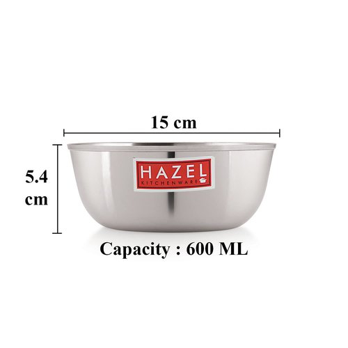 HAZEL Stainless Steel Serving Bowl Set of 6 | 600ml Each | 15cm Diameter Lunch Vati | Durable, Rust Resistant, Ideal for Daily Meals & Kitchen Use