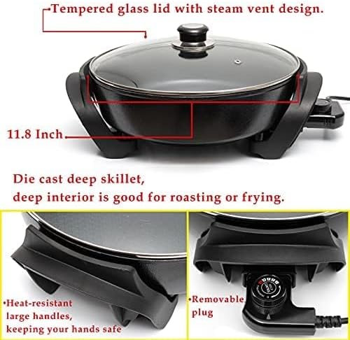Moss & Stone Round Electric Skillet - 12-Inch Nonstick Frying Pan with Vented Glass Lid & Adjustable Temperature Control