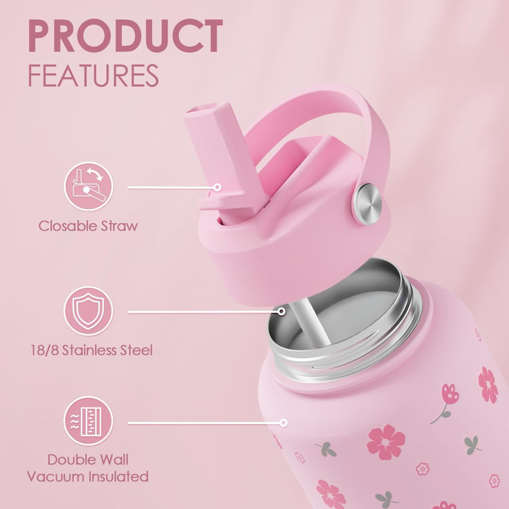 Skiennix Floral Water Bottle - 32oz Stainless Steel Insulated Bottle for Women & Girls | Perfect Gift Idea