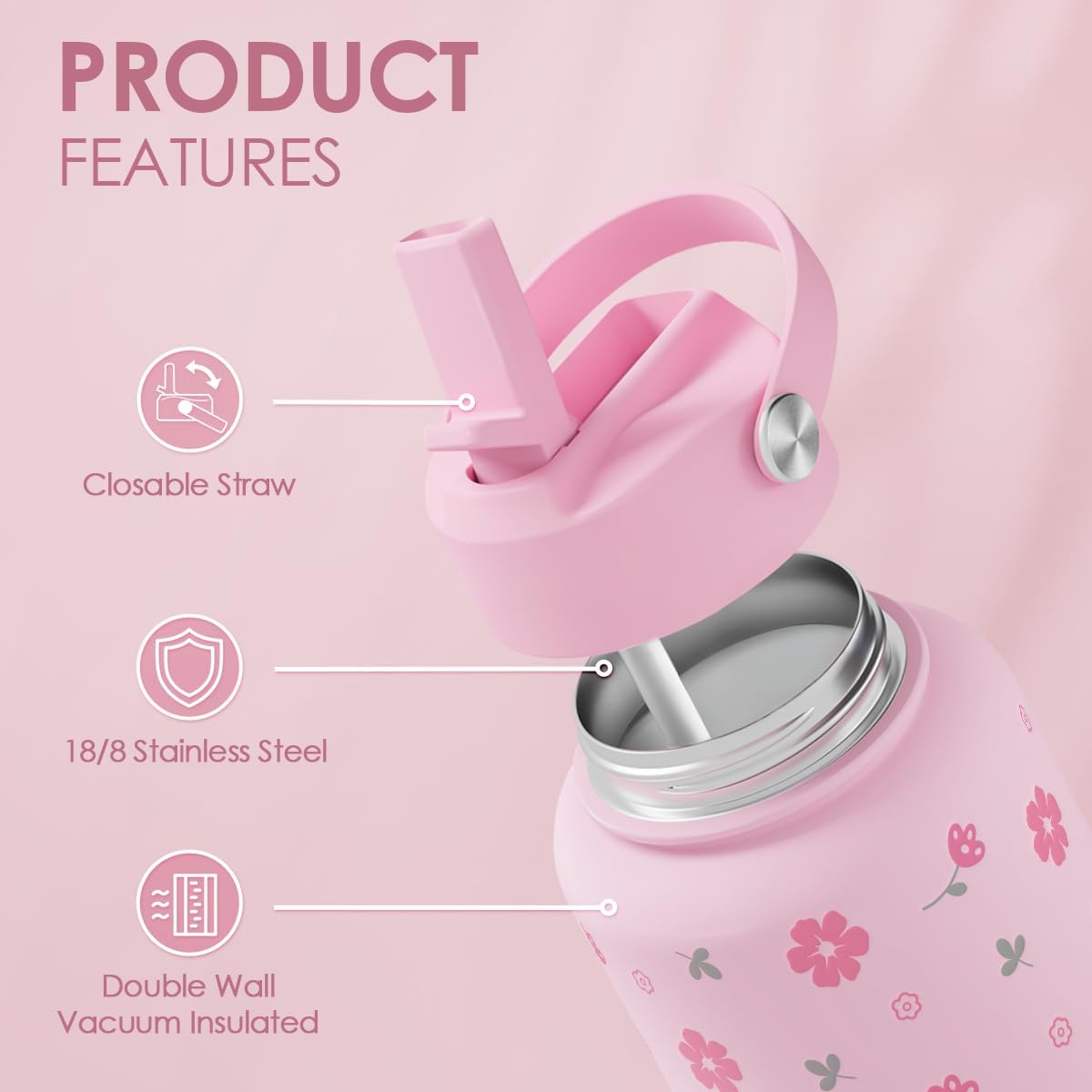 Skiennix Floral Water Bottle - 32oz Stainless Steel Insulated Bottle for Women & Girls | Perfect Gift Idea