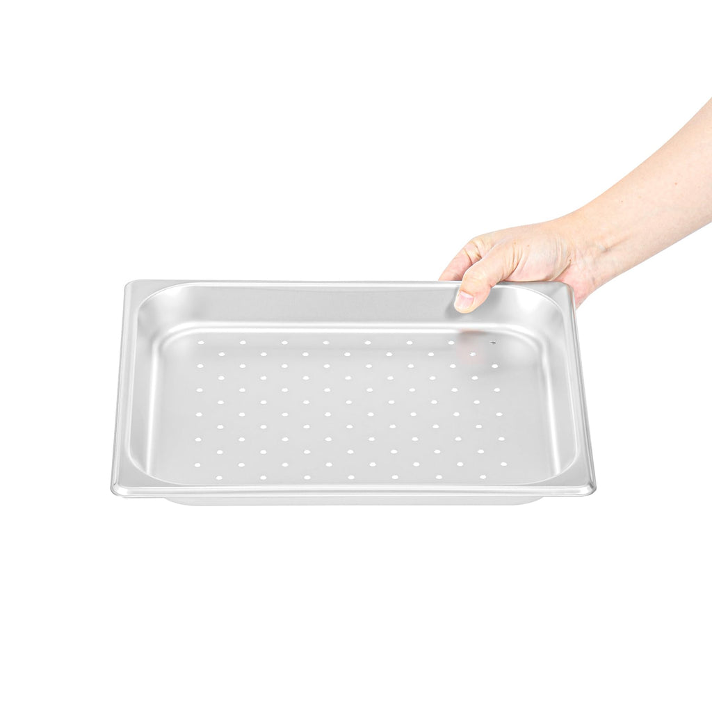 Restaurantware Steam Table Pan 12 Pack of Half Size Stainless Steel Perforated Hotel Pan Anti-Jam 1 1/4 Inch Deep Silver Commercial Kitchen Pan 24 Gauge