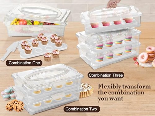 ARC 3-tiers Cupcake Carrier (White) - Cupcake Holder and Cake Transport Container that Holds up to 36 Cupcakes or 3 Large Cakes - BPA-Free, Great for Parties & Festivals
