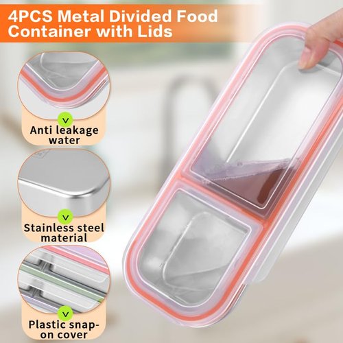 YJSLICT 4 Pack Stainless Steel Snack Containers with Lids, 3-Compartments Reusable Lunch Box for Adults, Food Storage Containers Divided Meal Prep Box for Home, Work, Travel