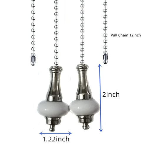 2Pcs Ceiling Fan Pull Chain Set, White Ceramic Decorative Fan Pull Chain Pendant Extension, 12 Inches Lighting & Fan Beaded Ball Fan Cord Extender Ornament with Connector