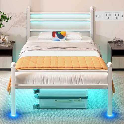 J.Fkne Twin Bed Frame with LED Lights & Charging Station, Metal Platform Bed with Headboard, Heavy Duty Metal Slats, No Box Spring Needed, Noise Free, Easy Assembly, White