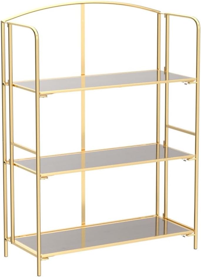 Crofy Folding Bookshelf - No Assembly Required, 3-Tier Gold Bookcase for Living Room & Home Office