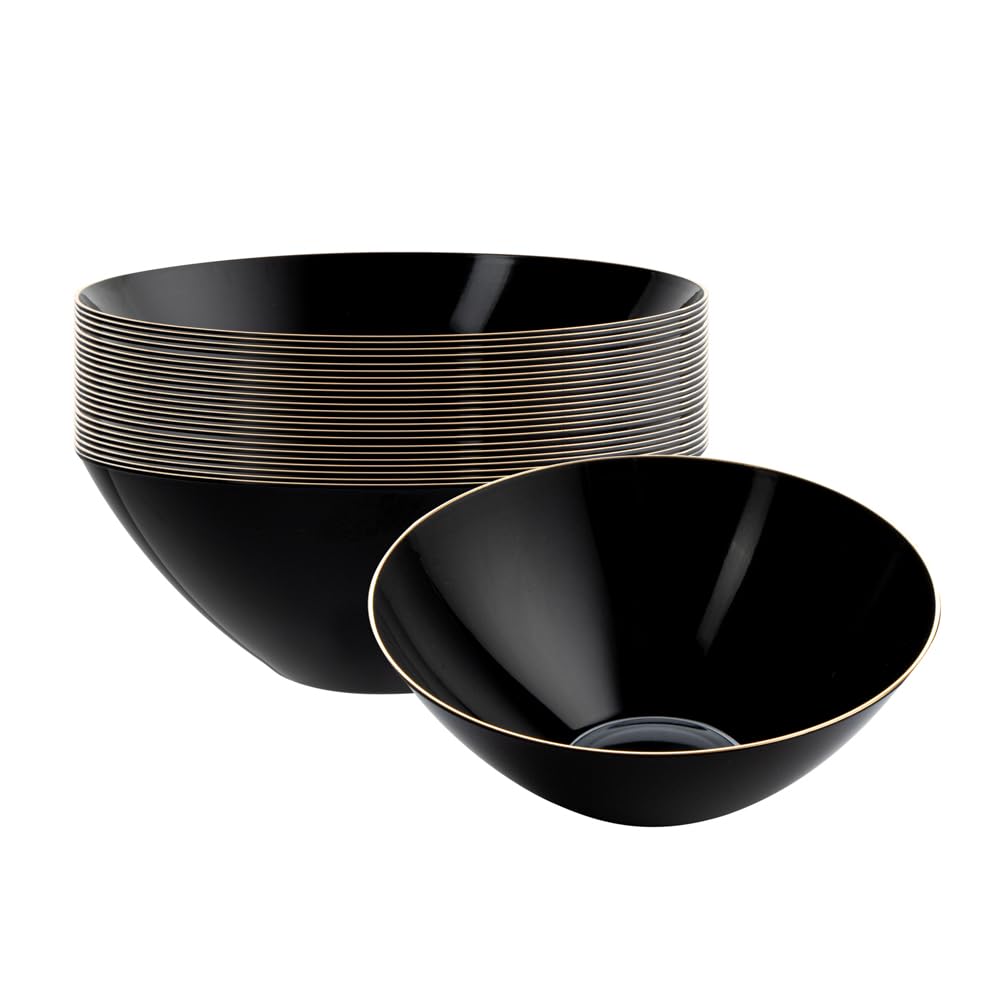 Restaurantware-Moderna 6 Ounce Plastic Bowls, 100 Durable Disposable Salad Bowls - Gold-Rimmed, Heavy-Duty, Black Plastic Fancy Bowl, For Warm And Cold Foods, Ideal For Restaurants