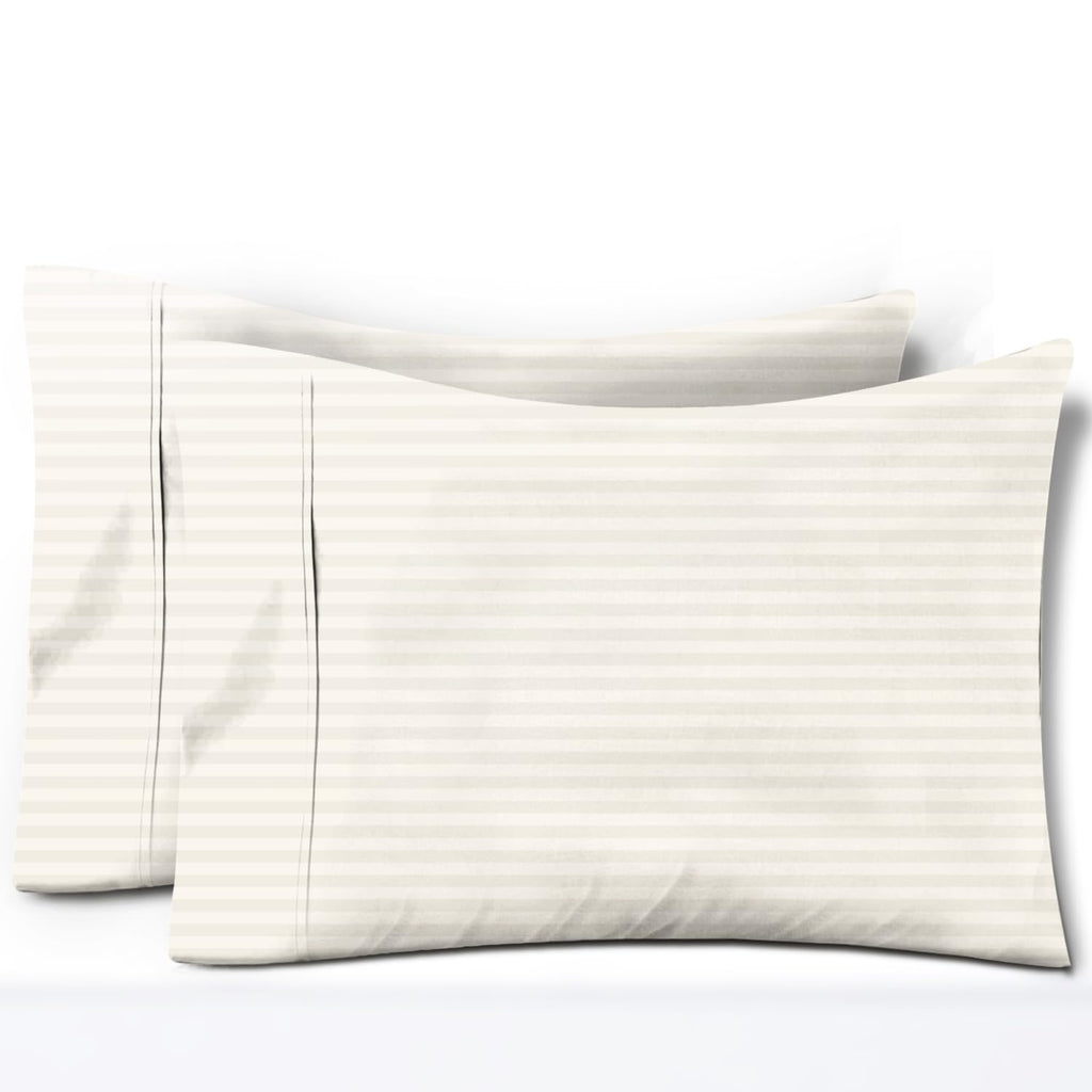 TEXAS LINEN CO. 100% Egyptian Cotton Pillow Cases Set of 2, Texan Talkin' Damask 600 Series Standard/Queen Pillowcase for Sleeping (Ivory Stripe), Cooling Extra Long Staple Sateen Bed Pillow Cover