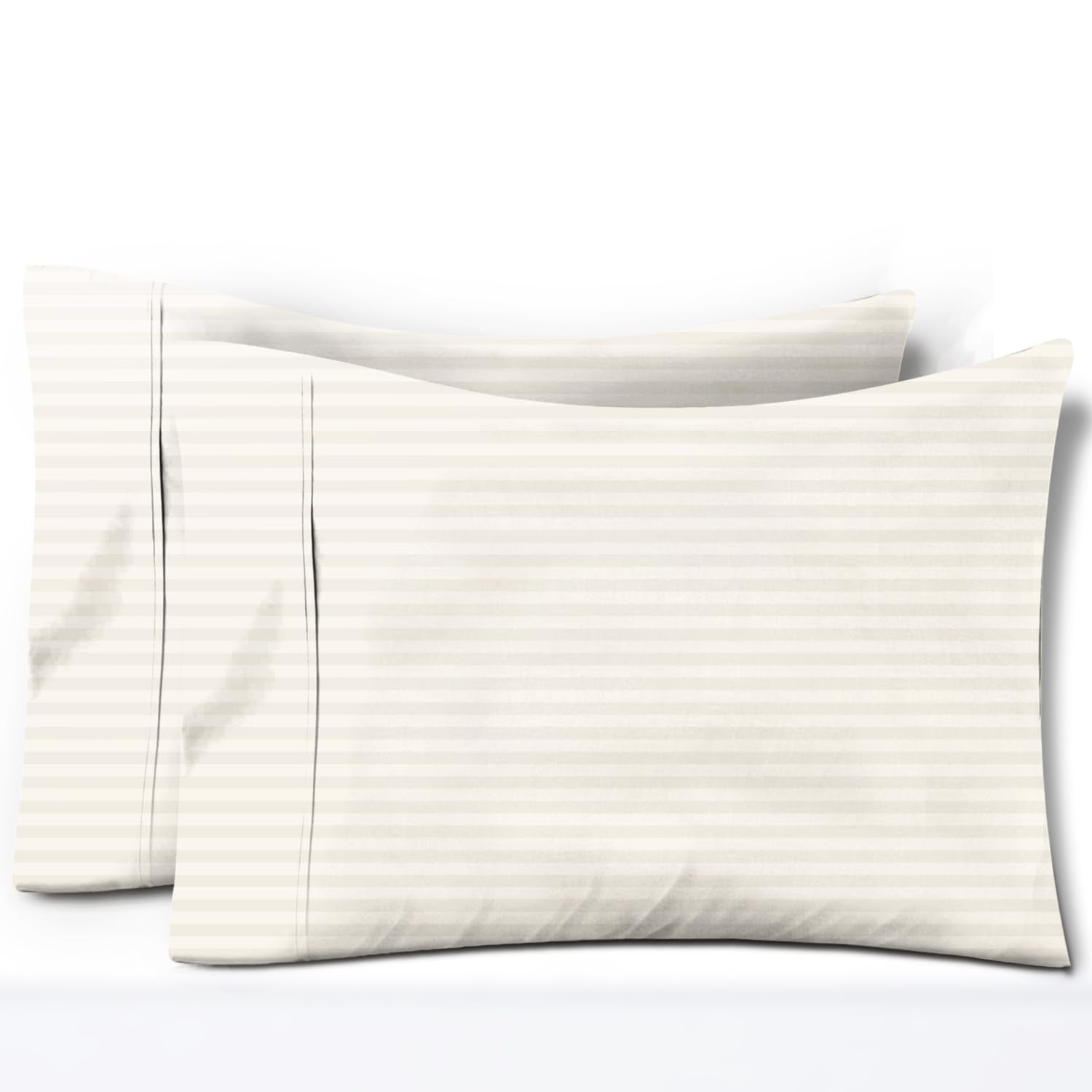 TEXAS LINEN CO. 100% Egyptian Cotton Pillow Cases Set of 2, Texan Talkin' Damask 600 Series Standard/Queen Pillowcase for Sleeping (Ivory Stripe), Cooling Extra Long Staple Sateen Bed Pillow Cover