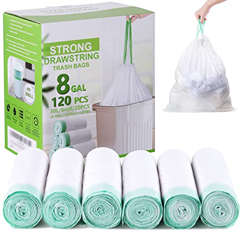 Hawnn 8 Gallon Trash Bag 120 Count, Unscented Strong Drawstring Garbage Bag Fit 30 Litter Trash Can, for Kitchen, Bathroom, Bedroom, Office (Green)