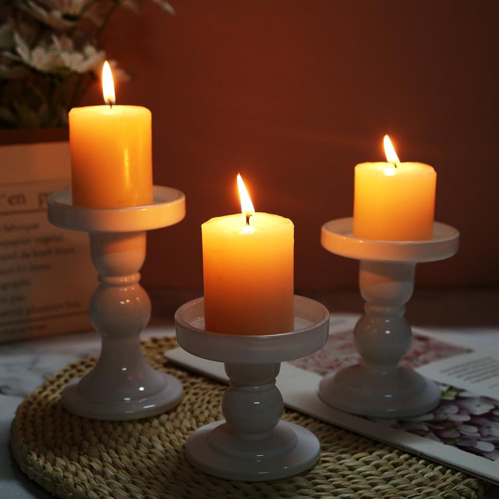 Skiennix 3-Piece White Glass Candlestick Set - Elegant Crystal Holders for Weddings & Decor