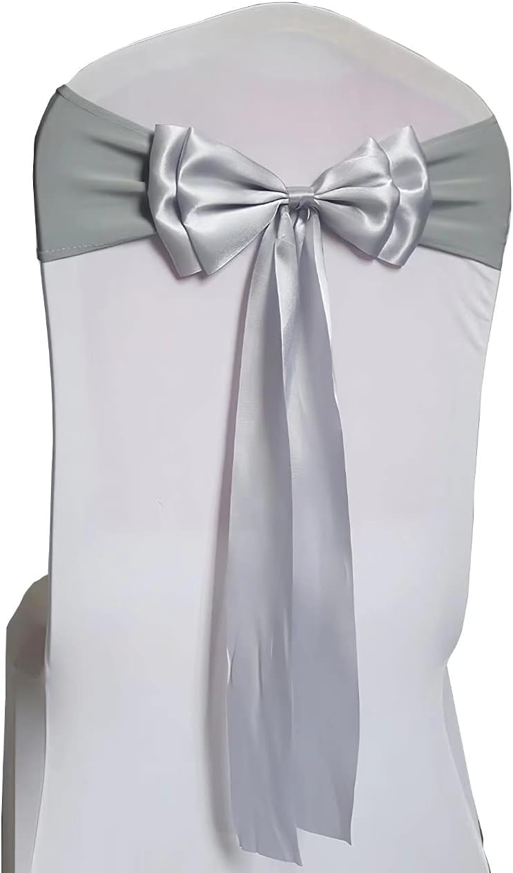 Skiennix Stretch Chair Sashes - Double Bow Spandex Covers for Weddings & Events | Grey, Set of 6